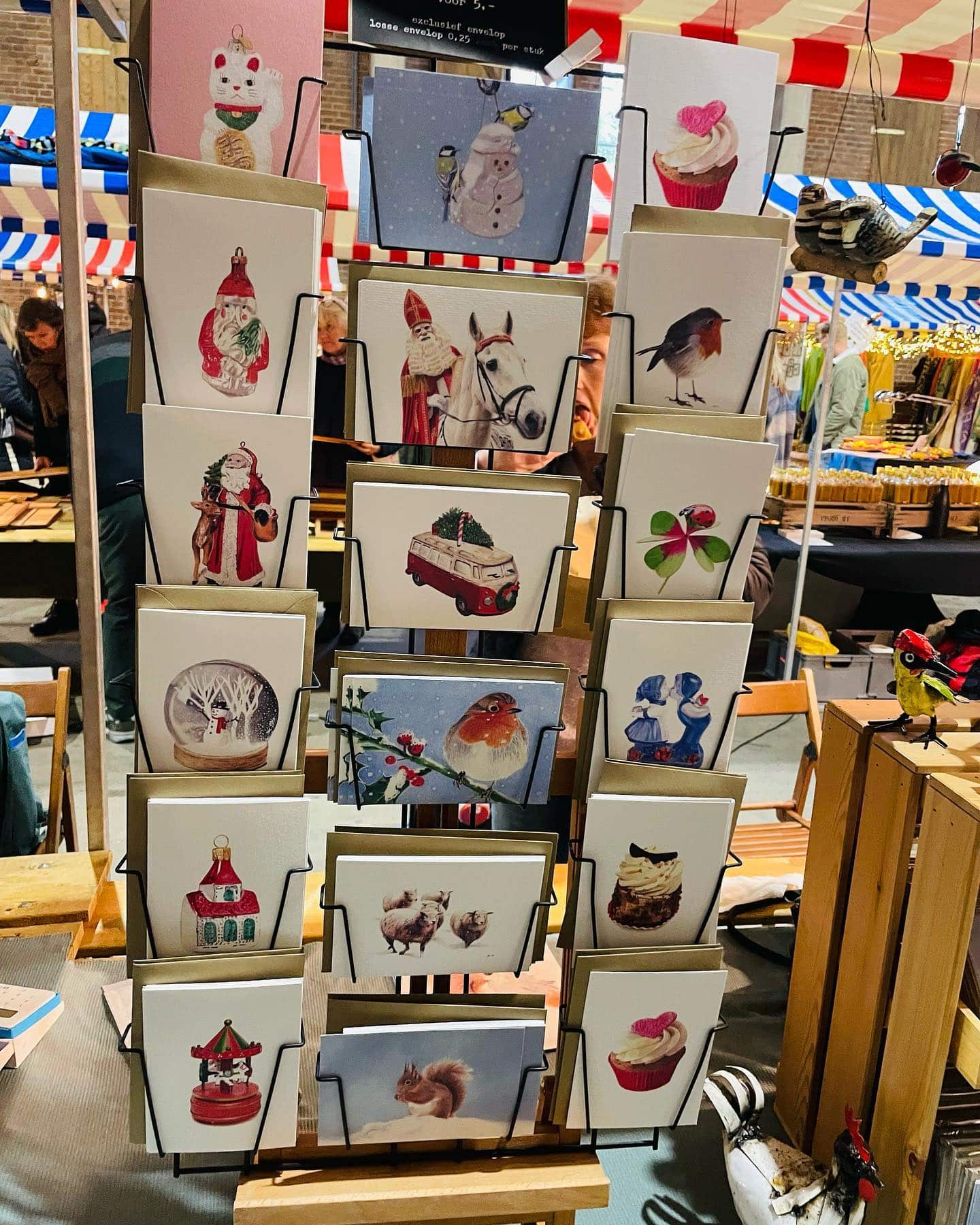 A rack of greeting cards at Funky Xmas Market in Amsterdam.