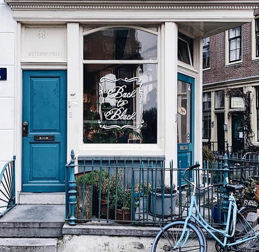 Exterior to Back to Black coffeehouse in Amsterdam