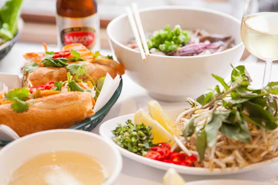 Vietnamese feast including pho and bahn mi from Ô Mai in Amsterdam