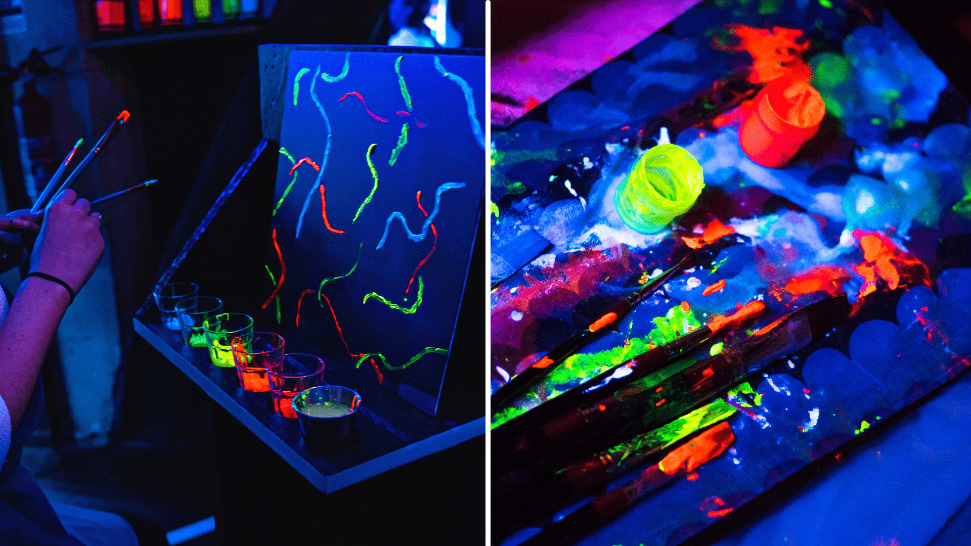 Two images of paints and canvases being used for Paint in the Dark.